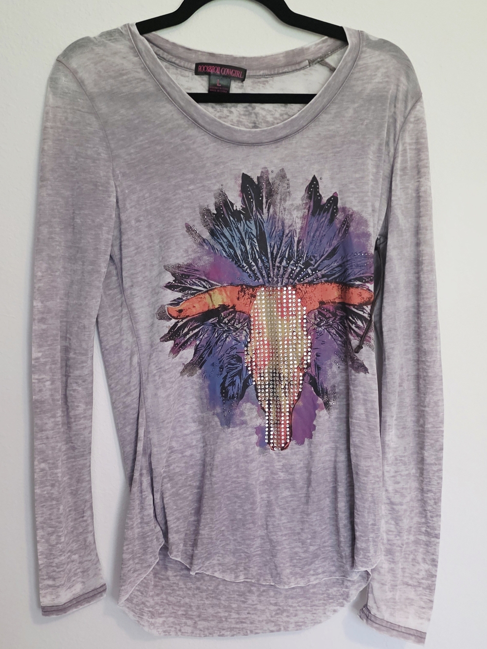Rock & Roll Cowgirl Lavender Long-Sleeve Top with Embellished Skull
